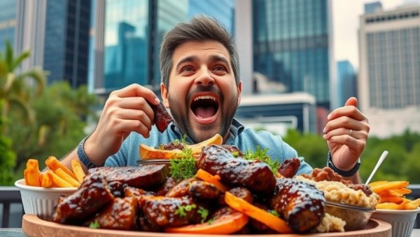 Dallas dining experiences: Man with BBQ platter on cityscape background