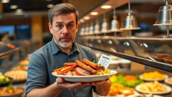 Man concerned about salmonella at restaurant buffet.