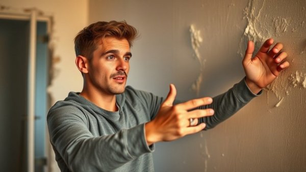 Young man demonstrating how to plaster a wall, focused expression.