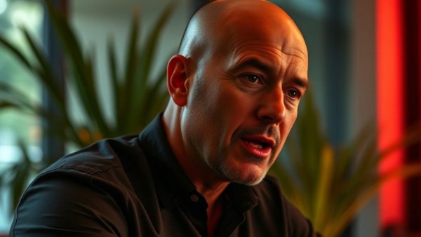 Bald man discussing red light therapy in cozy setting.