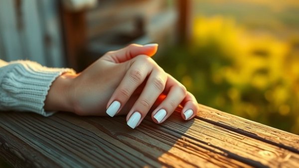 Close-up of a hand with white gel polished nails on wood.