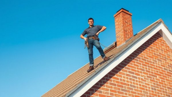 Man on rooftop performing emergency roof repair.