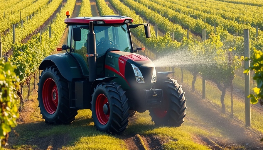 Autonomous M5N tractor spraying in vineyard.