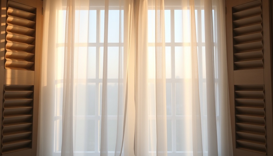 Ethereal window with sheer curtains diffusing sunlight through grid-like shutters.