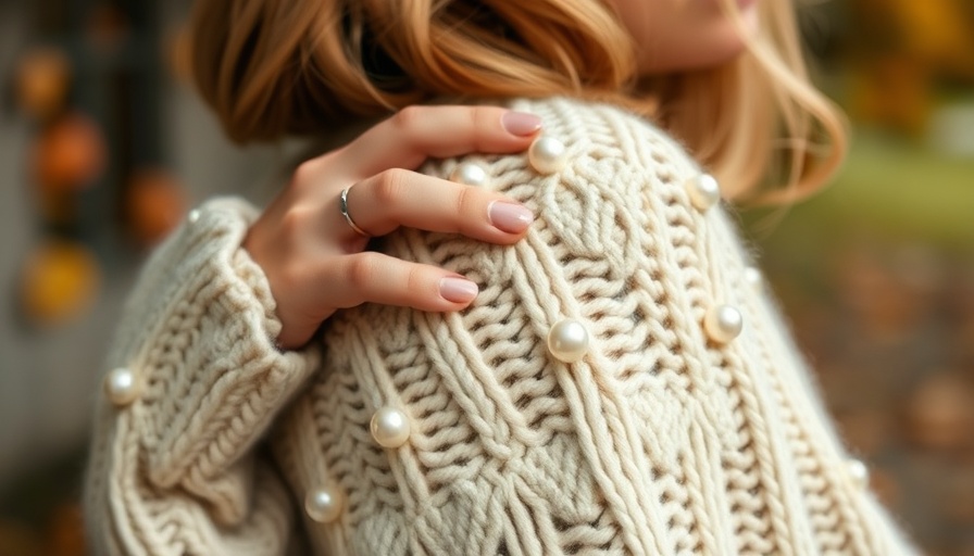 Cream sweater with pearls, bust focus, blurred background