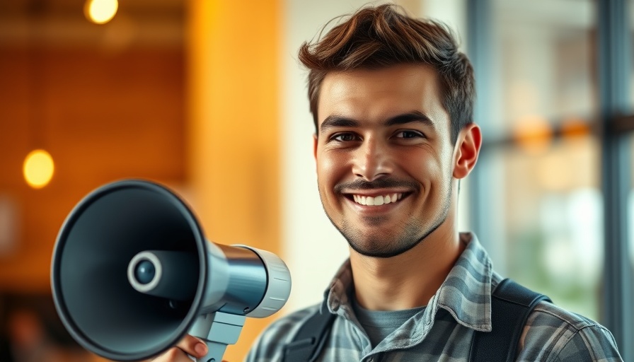Confident man with megaphone in blurred setting at best beauty salon near me for men and women.