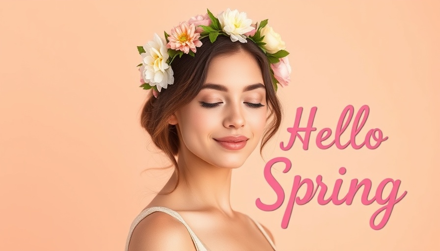Elegant woman with floral crown, 'Hello Spring' text, pastel theme.