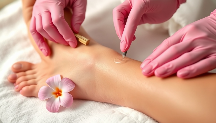 Leg waxing process with pink gloves in a salon, tips to avoid ingrown hairs.