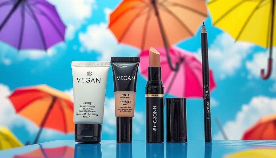 Vegan makeup products for monsoon with clouds and umbrellas.