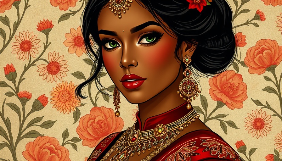 Elegant makeup look for dusky skin tones with floral backdrop.