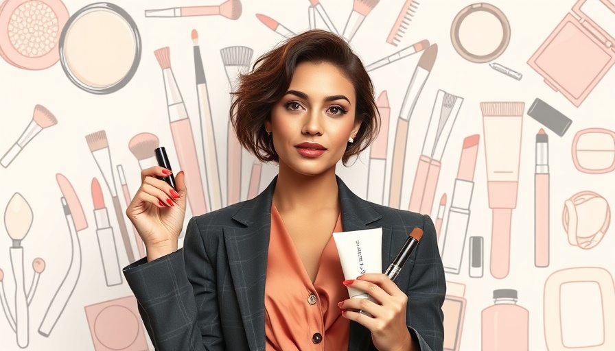 Trendy vegan makeup products displayed with confident businesswoman.