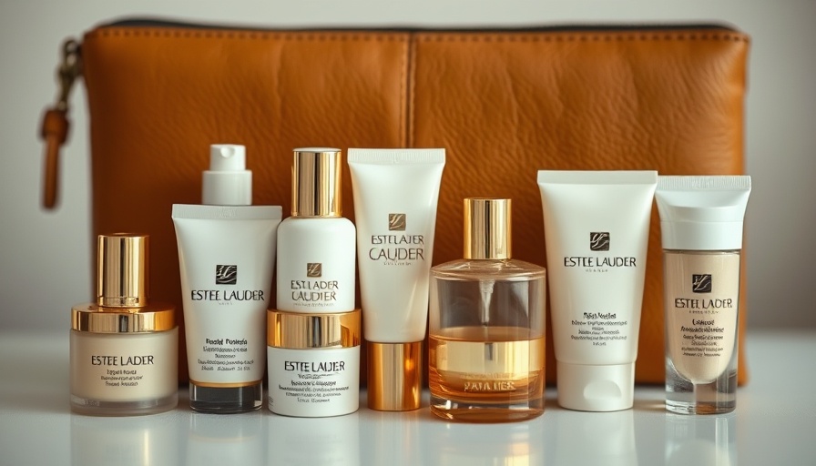 Estée Lauder Summer Beauty Heroes Collection with tan clutch.