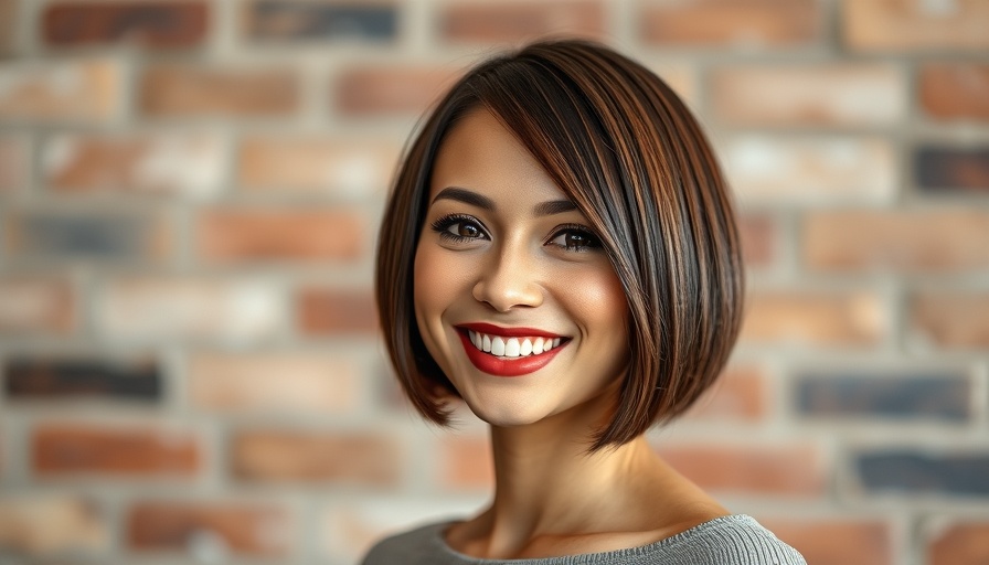 One-Length Short Haircuts: Sleek bob haircut on smiling woman against brick wall.