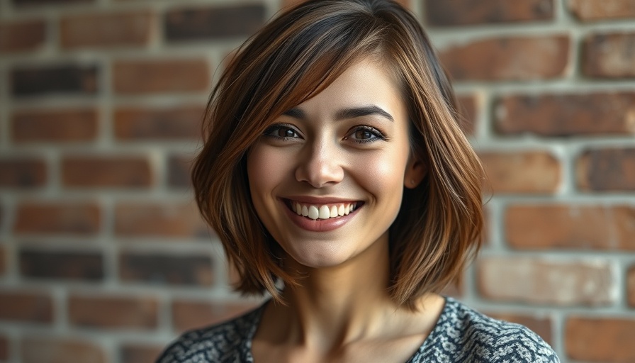 Soft shag haircut on smiling woman over 60 against brick wall.