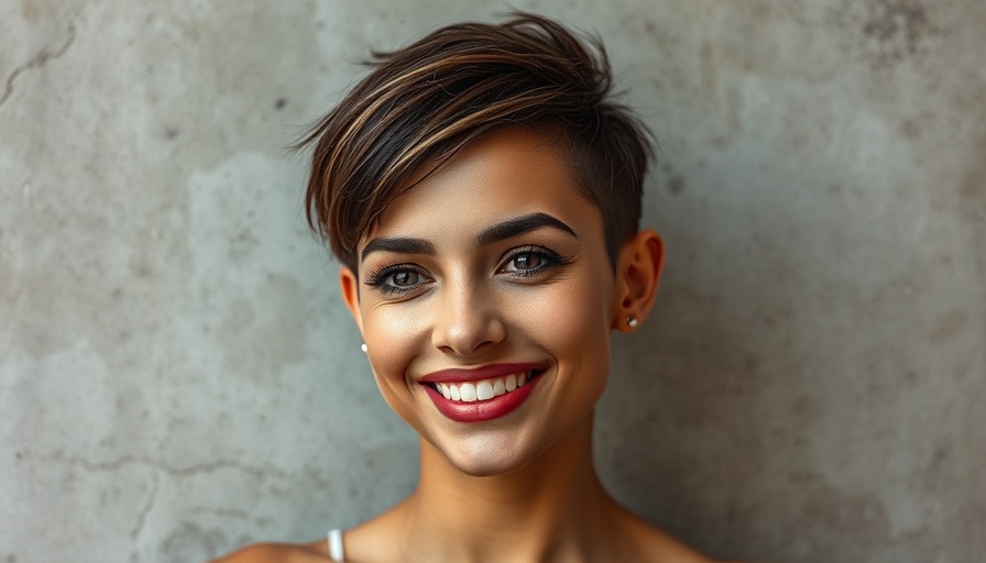 Elegant woman over 60 with razor pixie cut smiling gently.