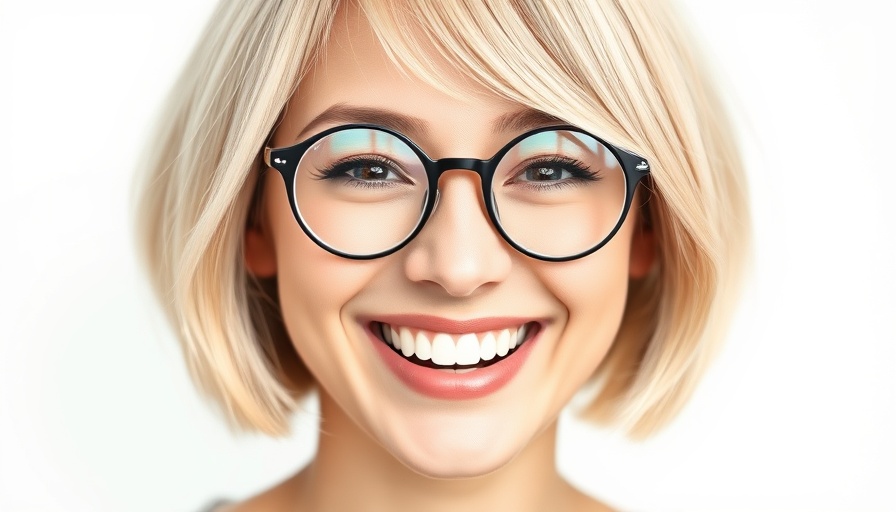 Woman with blonde bob haircut and glasses smiling.