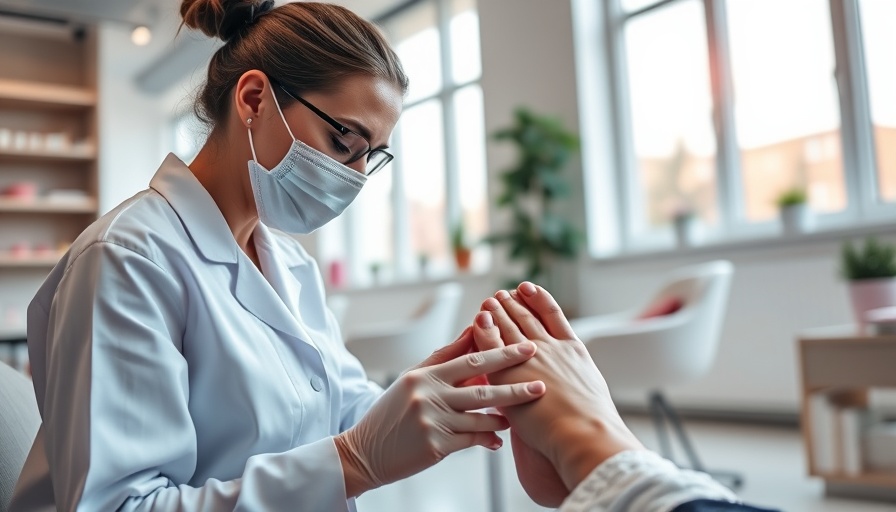 Professional nail technician addressing a medical concern in a salon, sunlight filtering through.