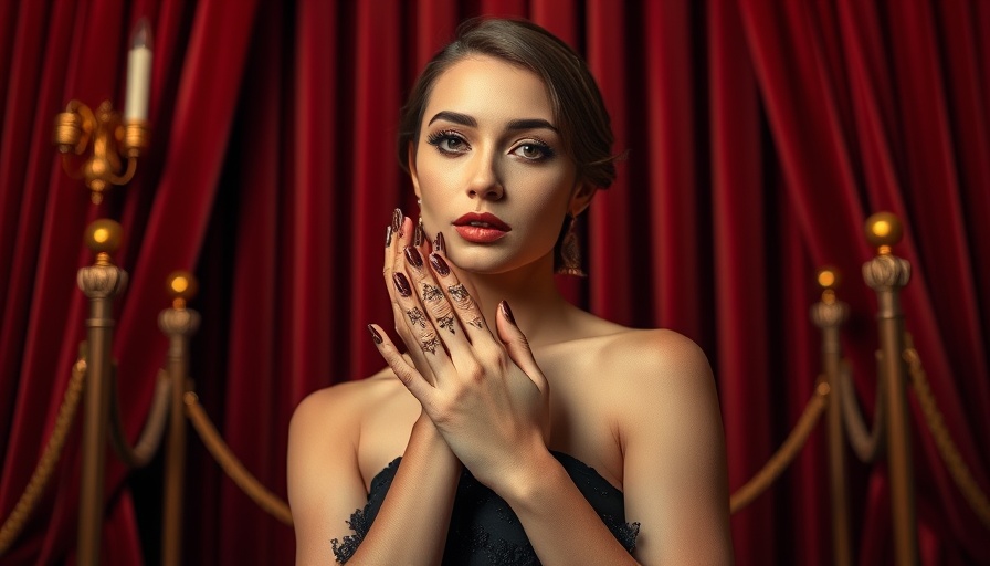 Elegant woman with intricate celebrity nail designs on the red carpet.