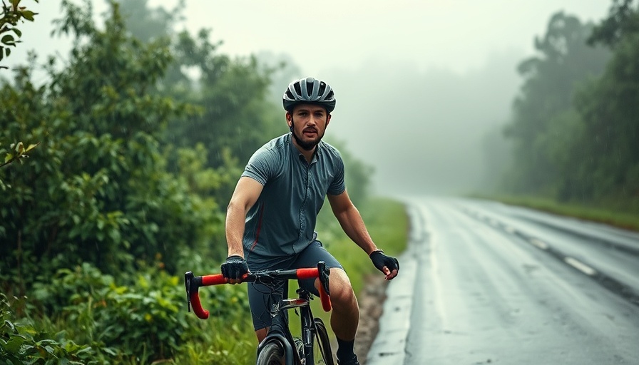 Cyclist resting on wet road, illustrating endurance sport environment.