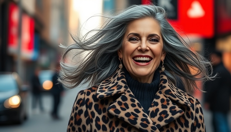 Elegant woman over 40 laughing in a leopard coat outdoors