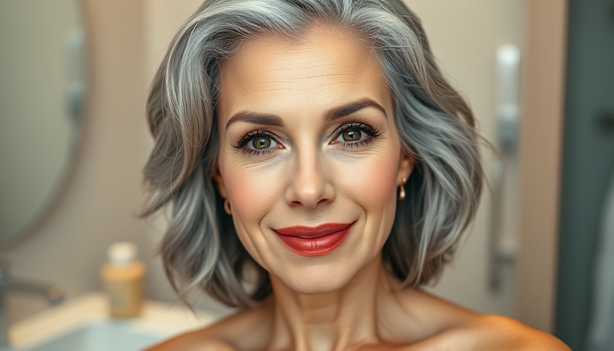 Confident mature woman showcasing vibrant makeup in a bathroom setting.