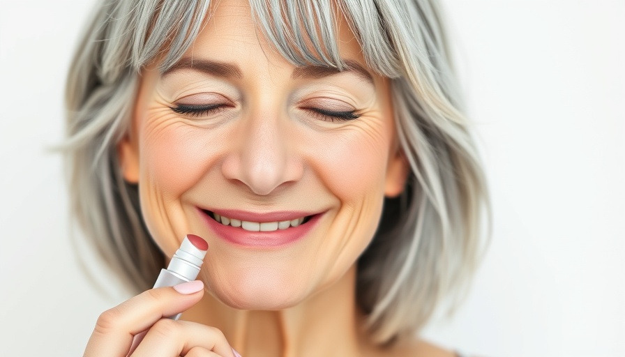 Mature woman holding lip product, promoting makeup tips for women over 40.