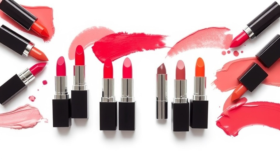 Elegant makeup ad for women over 40 with lipstick swatches.