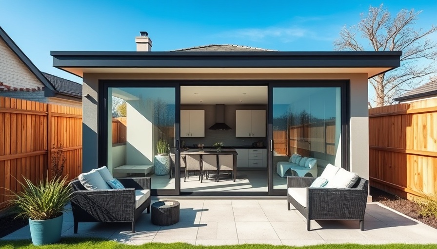 Modern multipurpose garden room with sleek glass doors and outdoor seating.