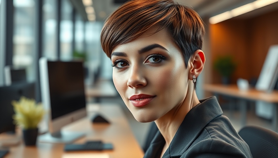 Woman with a sleek pixie cut in a professional office setting.