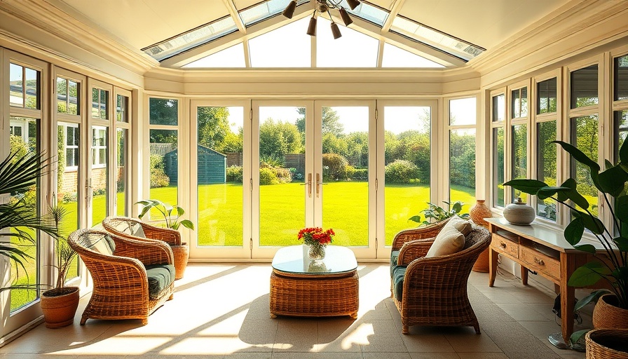 Sunlit room with garden view through large glass doors.