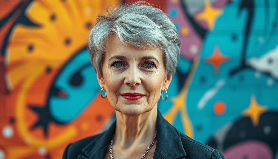 Confident older woman with short hair in front of colorful mural.