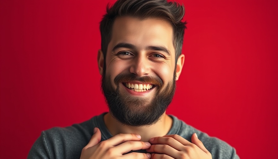 Build customer trust without spending: Warmly smiling bearded man on red background.