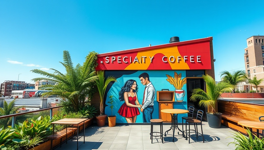 Rooftop of best specialty coffee shop with mural and seating.