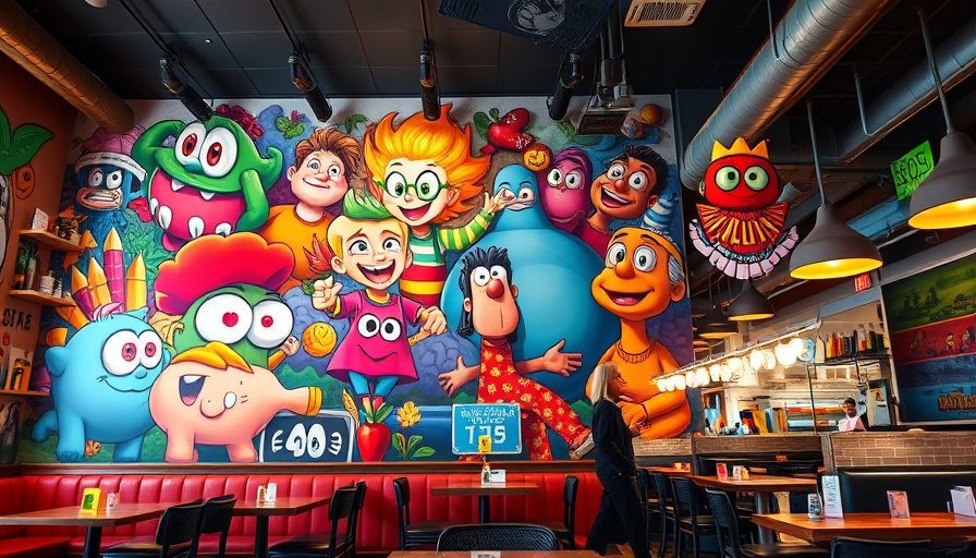 Artistic restaurant mural with vibrant cartoon characters.