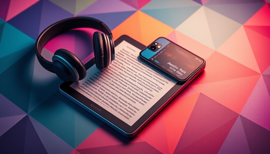 Modern tech setup with headphones, e-reader, and audiobook app on colorful background.