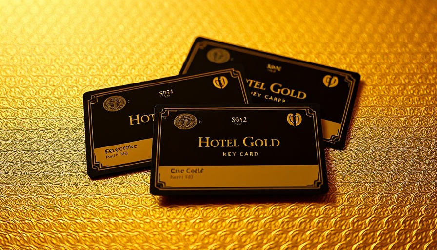 Luxurious gold hotel key cards on a textured background