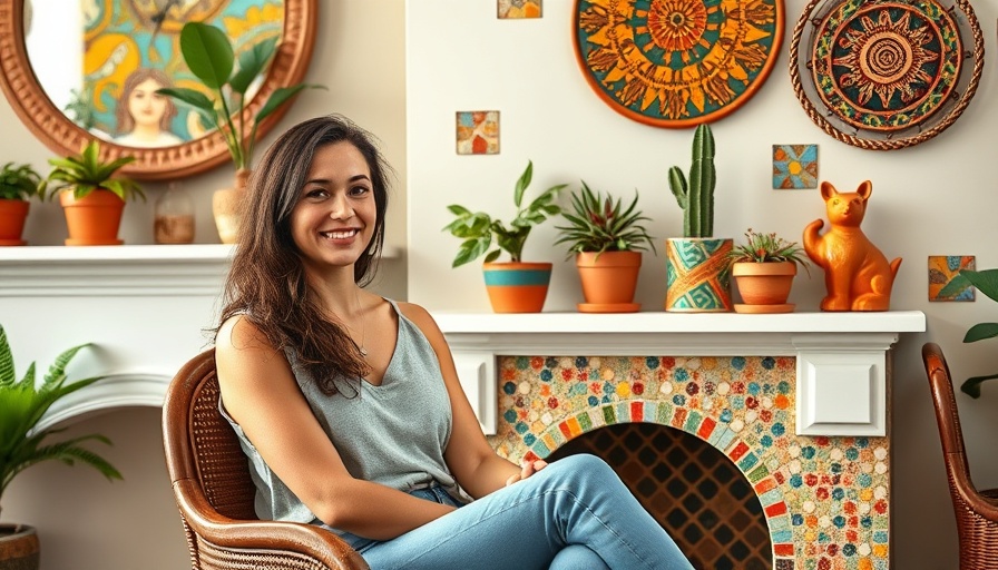 Casual woman seated in a vibrant and artistic room, showcasing colorful decor.