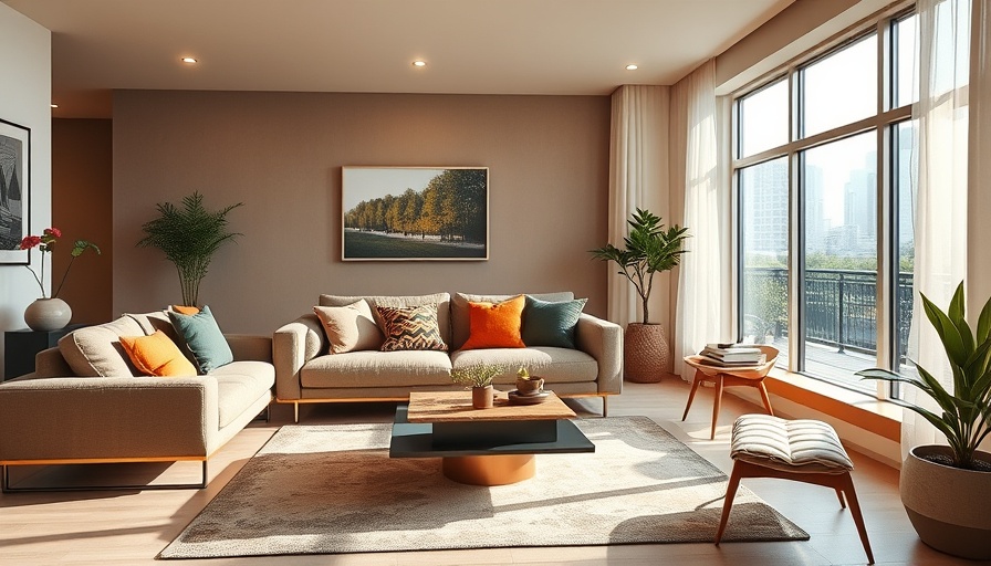 Cozy living room with modern design and large windows.