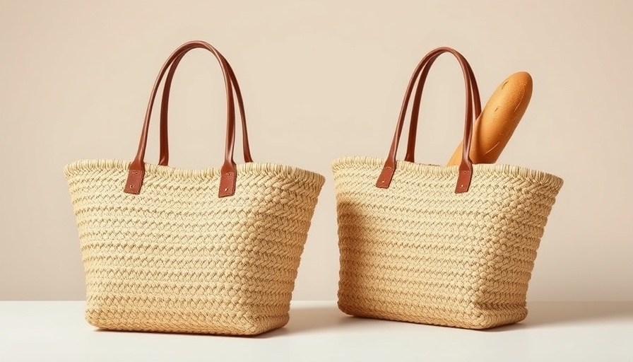 Chic woven straw market totes with a baguette, French Market Tote