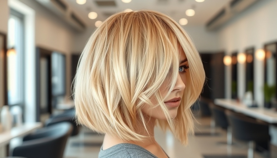 Blonde choppy layered bob haircut style in a salon setting.