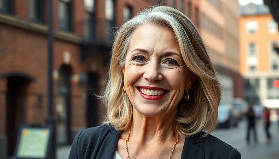 Smiling woman over 60 with blonde hair in an urban setting.