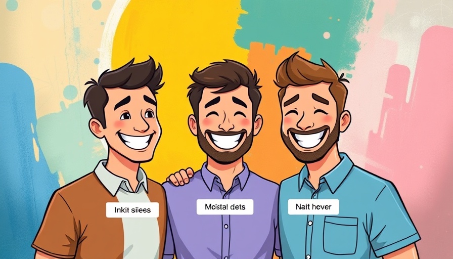 Men discussing dental implants in Bangkok with smiles in a cartoon image.