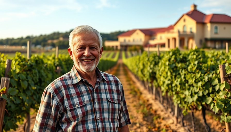Elegant vineyard scene with a smiling man, best wine bar ambiance.