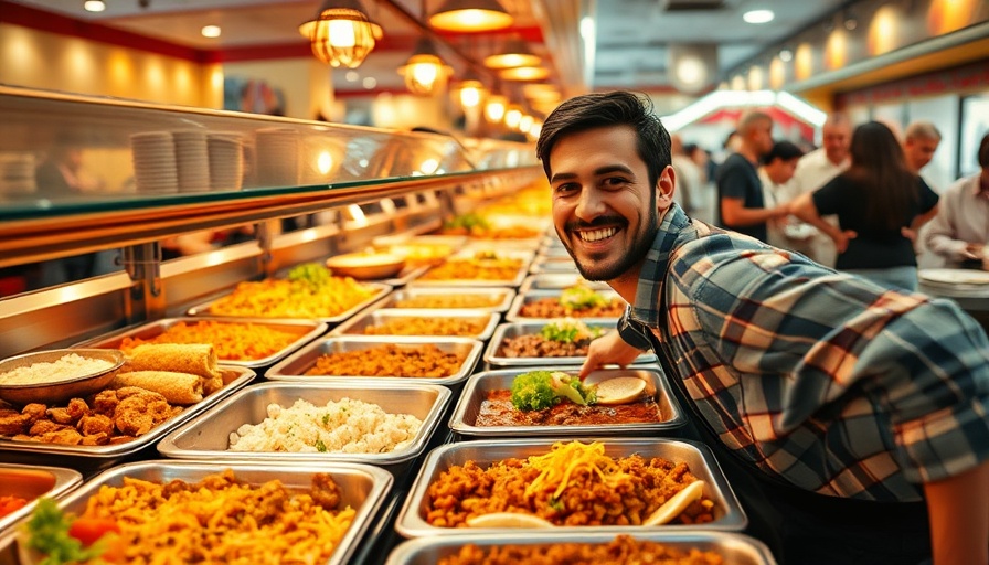 Excited person enjoying all-you-can-eat Mexican buffet with various dishes.