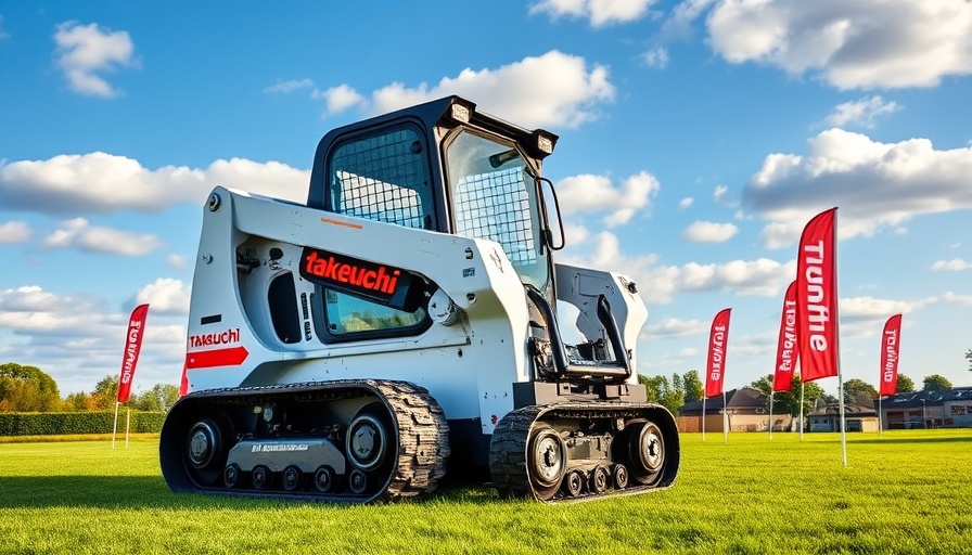 Takeuchi compact track loader on grassy field under blue sky.