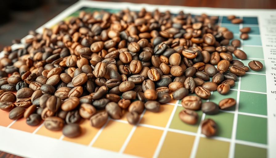 Light roast coffee beans on a color chart illustrating roasting standards.