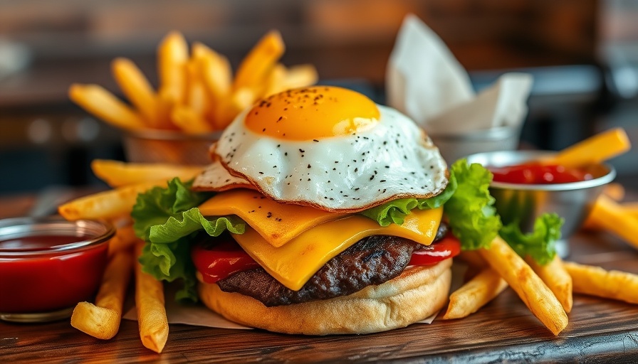 Gourmet burger with egg, crispy fries, lettuce, and ketchup.
