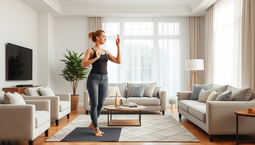 Beginner-friendly standing yoga pose in a stylish living room.