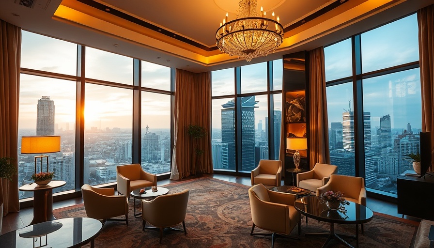 Luxurious hotel room with city view, modern decor.
