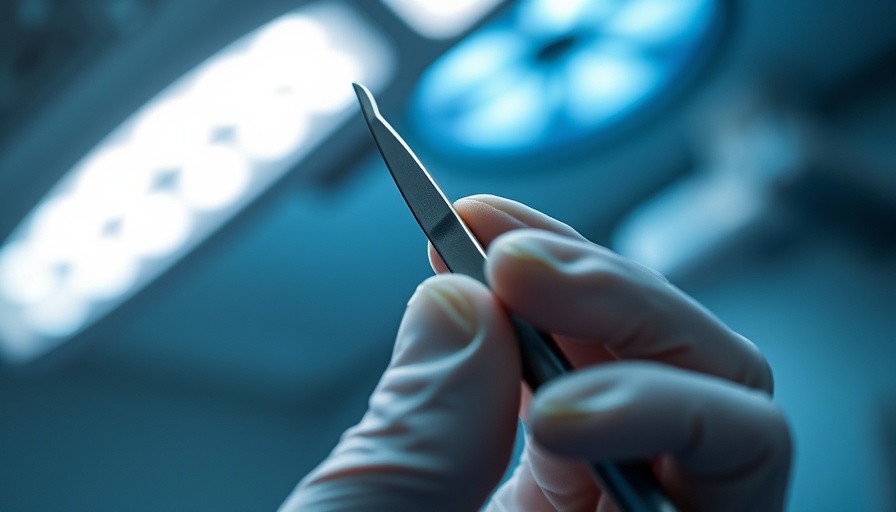 Surgical scalpel in gloved hand ready for cosmetic procedure.